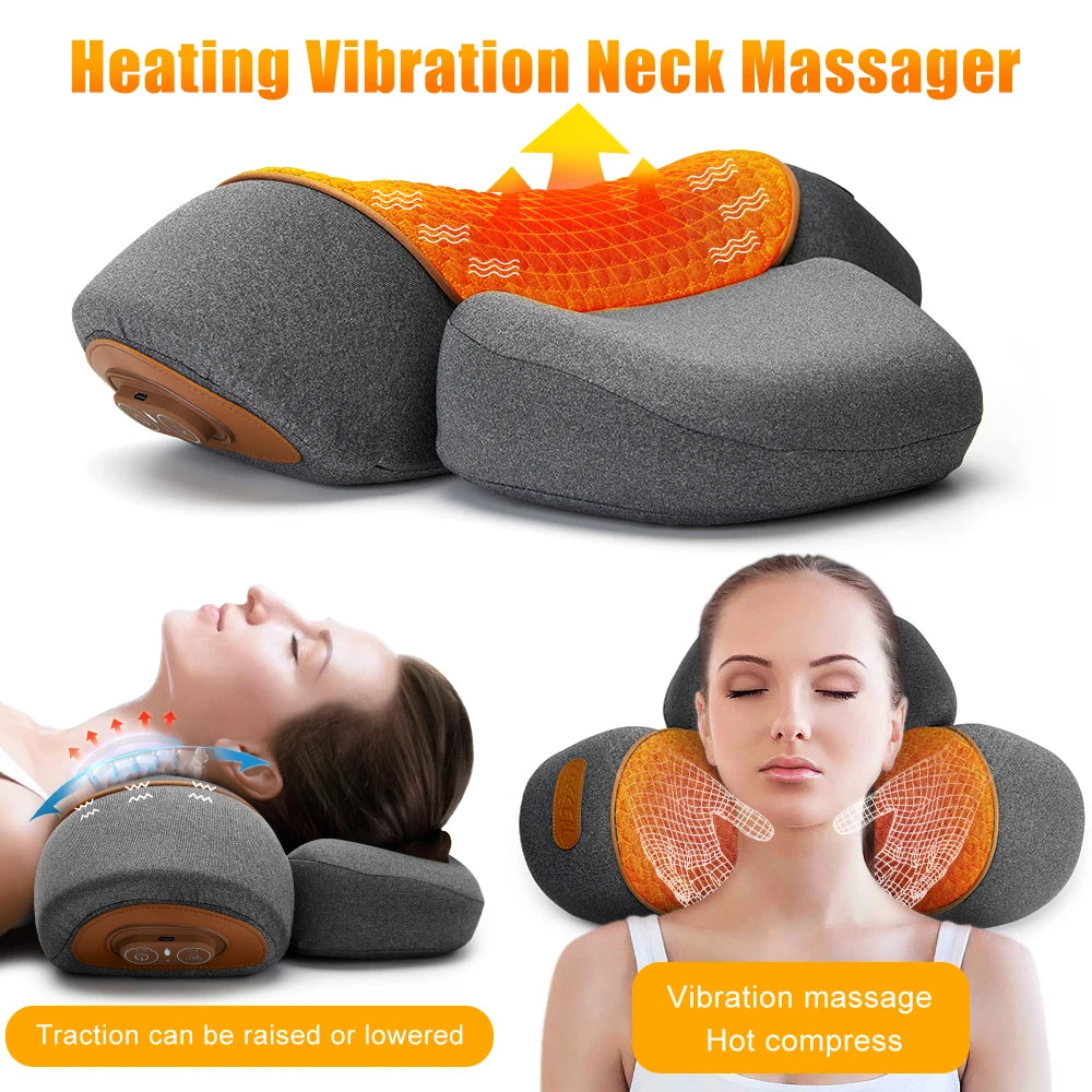 Electric Neck Massager Cervical Pillow Hot Compress Vibration Massage Neck Traction Relax Pillow Spine Support Massager Pillow